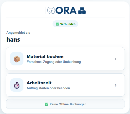 Mobile IQORA PWA mit Materialbuchung und Arbeitszeiterfassung